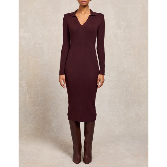Last Chance! New Aritzia Babaton Moon Polo Collared Rib Knit Midi Dress Maroon M - Picture 1 of 6